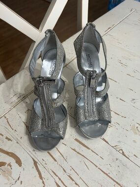 MICHAEL Michael Kors Silver Glitter Front-Zip T-Strap Heels